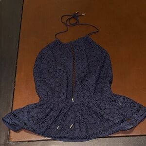 Zimmermann Navy Crochet Halter Peplum Top